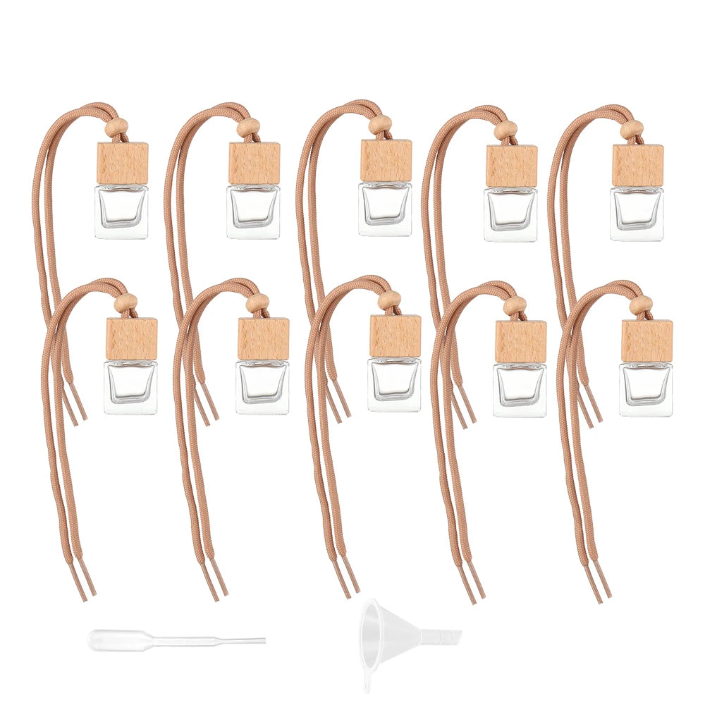 5/10 Pcs10Ml Square Wooden Cap Essential Oils Clear Glass Car Hanging Diffuser Perfume Bottles with Free Funnel,Dropper 10Pcs 10Ml Glass AUVELL