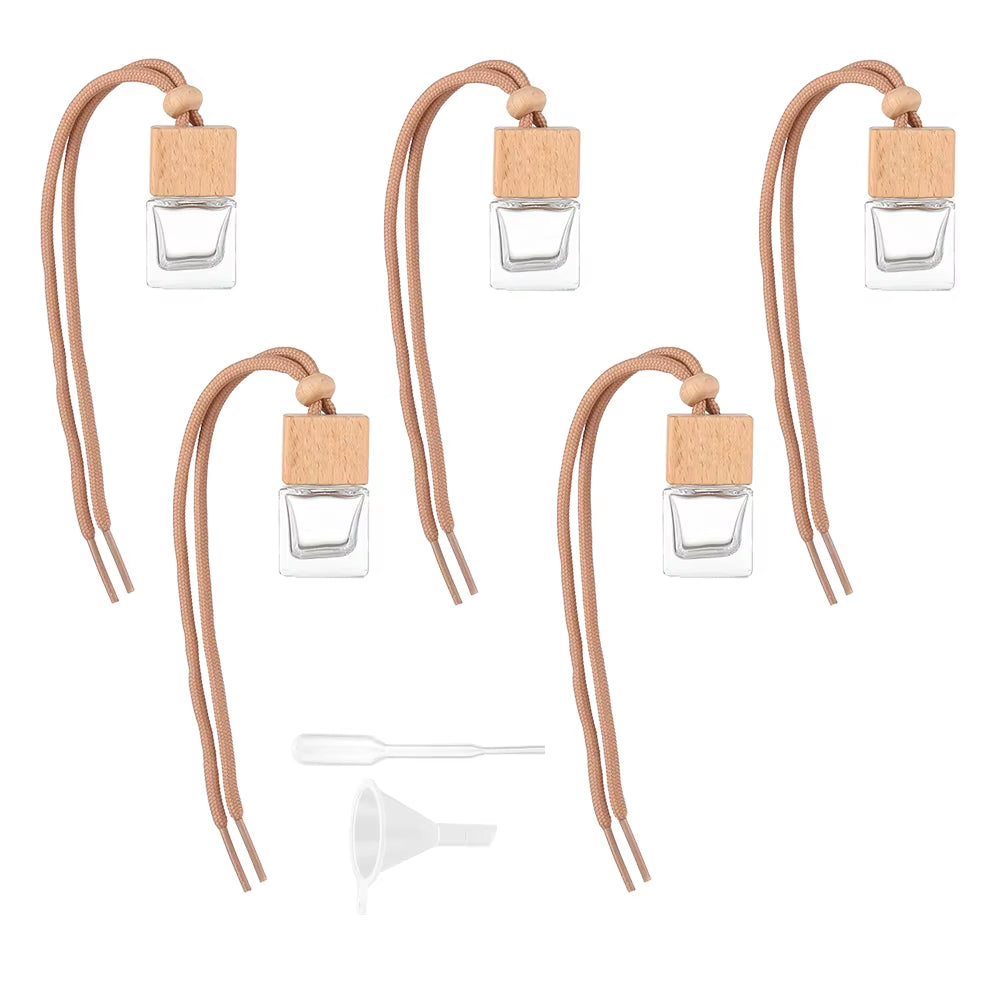 5/10 Pcs10Ml Square Wooden Cap Essential Oils Clear Glass Car Hanging Diffuser Perfume Bottles with Free Funnel,Dropper AUVELL